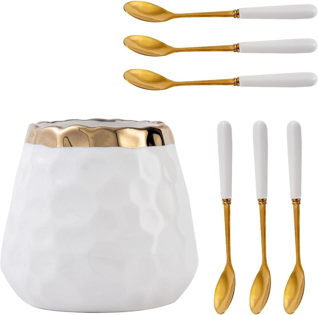 7Pcs Coffee Spoons Set, Ceramic Jar with 6 Spoons, Dessert Spoon with Holder, Creative Small Spoon Set for Coffee Ice Cream Cakes Dessert Party