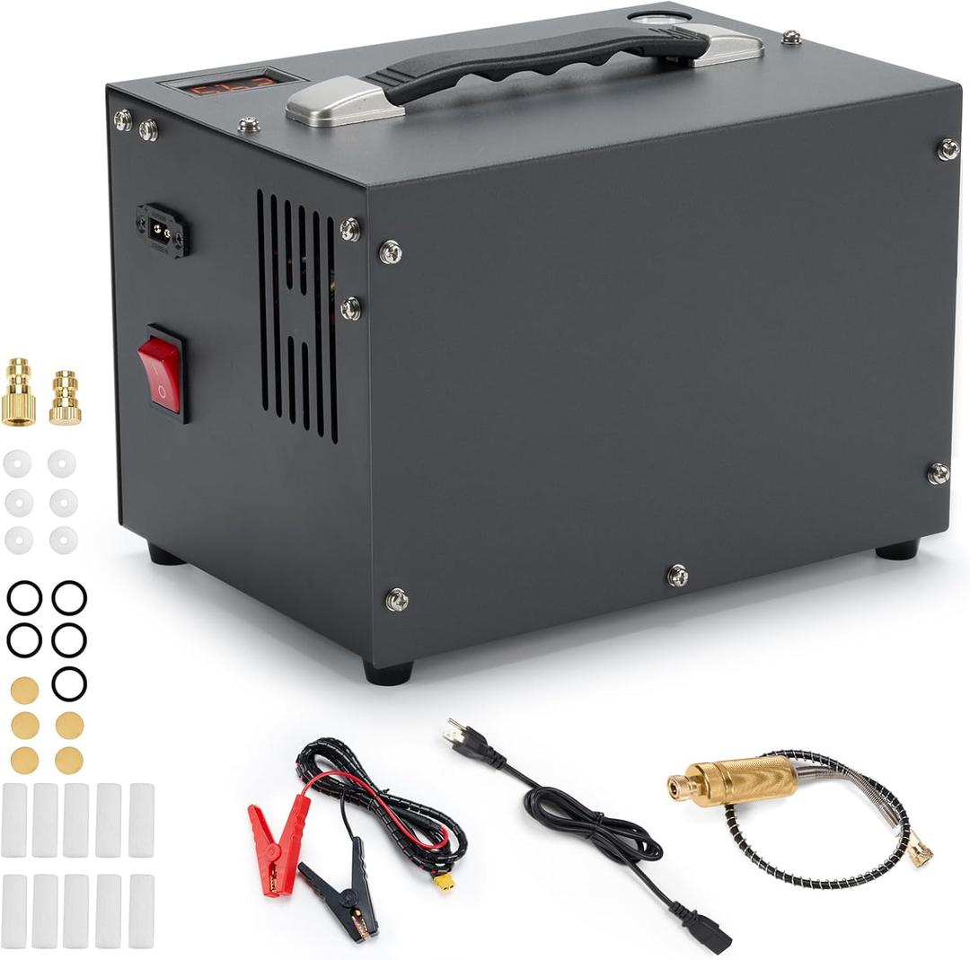 PCP Air Compressor, Airgun Compressor, Portable 4500Psi/ 30Mpa, Water/ Oil-Free, One Button Start, Bursting disc, Built-in Fan, 12V DC 110V AC, Manual-stop, PCP Rifle/ Pistol and Paintball Tank Air Pump