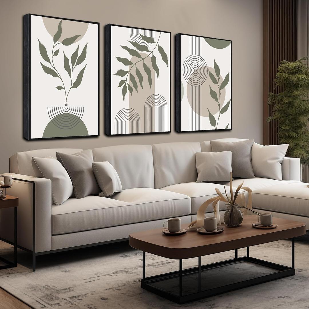 Boho Framed Wall Art for Living Room Large Size,Green Bohemian Wall Decor for Bedroom Size 20 x 30 Inch 3 Panels (Green and White)