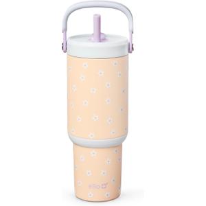 Ello Oasis Go+ 26oz Tumbler with Top Handle and Retracting Straw | Reusable Insulated Stainless Steel Cup, 100% Leakproof Water Bottle, 24 Hours Cold, Cup Holder Friendly For Travel | Daisies