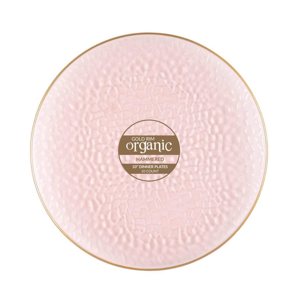 Organic Hammered Pink Gold Rim Plates, 10" - Case of 120 (12 packs x 10)