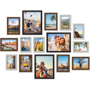 decorUhome Assorted Picture Frames Collage Wall Decor for Photo Gallery Display Set of 15 Including Three 8x10 / Six 5x7 / Six 4x6 for Family Wall Decor, Black/Brown/Grey, 15 Pack (Multi)