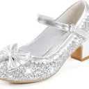 Princess Shoes High Heel Toddler Girls Dress Shoes Cute Bowknot Sparkle Mary Jane Flower Girls Wedding Birthday Party Prom for Little Big Kids (Silver Sequins)