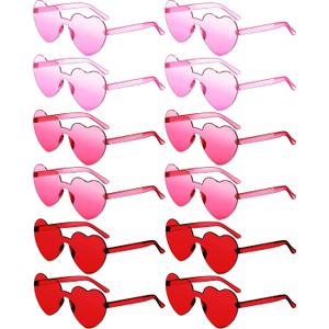 Photect 12 Pair Valentine's Day Pink Red Heart Sunglasses Bulk Rimless Candy Color Glasses for Women Men Party Favor Birthday
