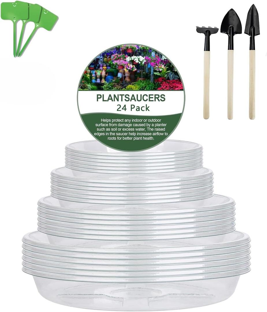 24 Pack of 6, 8, 10, 12 Inches Clear Plant Saucers Flower Pot Trays, with 24 Pcs Plant Labels and 3Pcs Mini Garden Tool, Plant Saucer Accessories, Excellent for Indoor & Outdoor Plants Flower