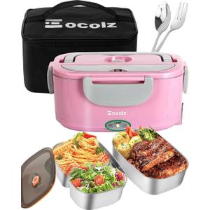 Eocolz Electric Lunch Box Food Heater 80-100W, Food Warmer with Dual Container 1.5L Portable Heated Lunch Box for Car Truck Work Stainless Steel Fork & Spoon 12/24/110V for Adults Lonchera Elctrica (Pink)