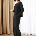 Panadila Womens Oversized Lounge Sets 2 Piece Matching Pajama Sets Long Sleeve Crop Top and Wide Leg Pants with Pockets (Black, L)