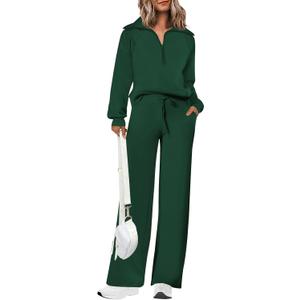 PRETTYGARDEN Women's 2 Piece Outfits Casual Lapel Half Zip Sweatshirts And Wide Leg Pants Tracksuit Sets (XX-Large, Dark Green)