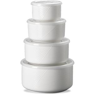 Ceramic Nesting Bowls with Lids: Mixing Bowls with Lids - Porcelain Food Storage Containers For Prep and Serving, Microwavable Kitchen Bowl Set of 4, 50/32/20/10 oz (White)