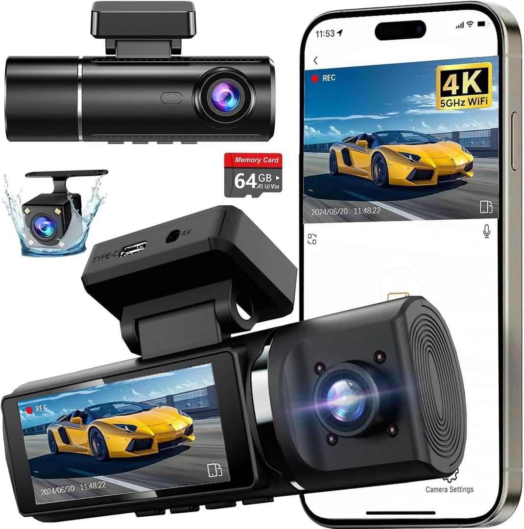 3 Channel 4K Dash Cam Front and Rear Inside, Built-in 5G WiFi, 4K+1080P+1080P Dash Camera for Cars with 64GB Card, Dashcam with Loop Recording,24H Parking Monitor,Night Vision,Support 512GB Max Silver