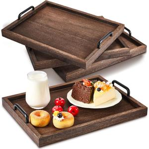 Lallisa 4 Pcs Large Wooden Serving Trays Decorative 15.75 x 11.81 x 2.36 Inch Ottomantray Rustic with Handle for Banquet Party Rectangular Lap Tray for Breakfast Coffee Table Picnic Bed Eating (Brown)