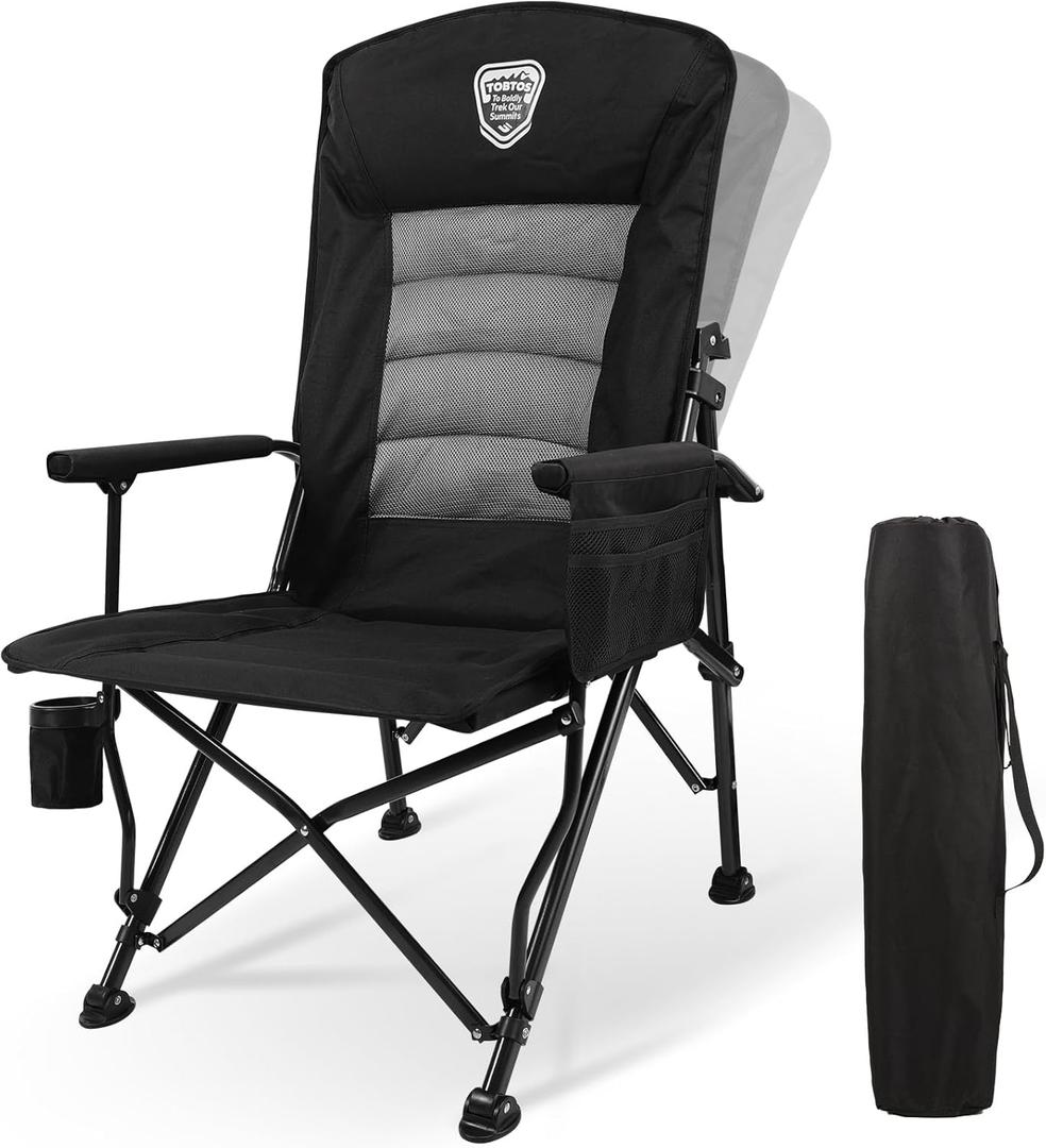 TOBTOS Oversized Camping Chairs for Adults with Adjustable High Backrest - Heavy Duty Folding Chairs Support up to 330lbs with Cup Holder & Side Pocket for Camping, Beach, Fishing, Lawn (Black)