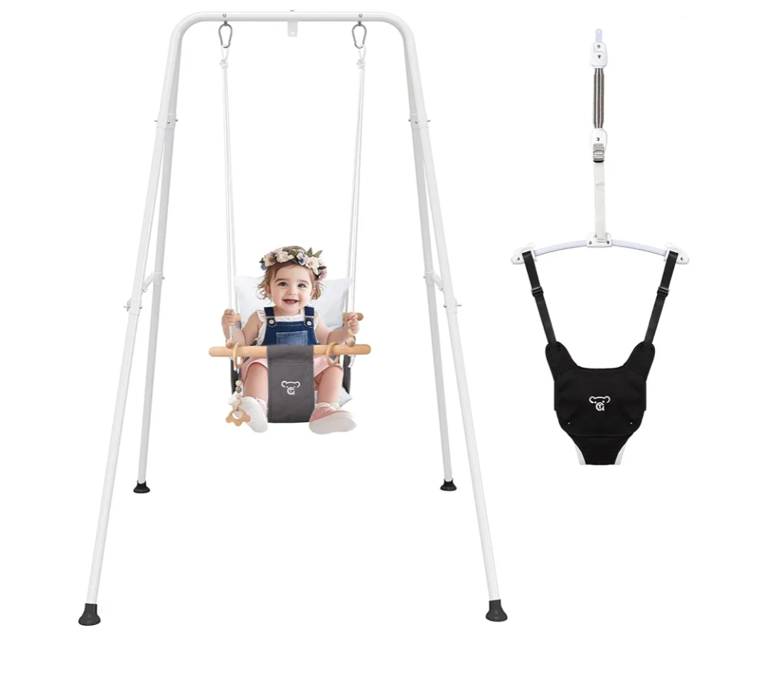 2 in 1 Baby Jumper with Toddler Swing, Baby Jumpers and Bouncers,Indoor Outdoor Toddler Swing Set, Cotton, Gray