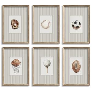 6Pcs Vintage Children's Sports Wall Art Kids Striped Wall Decor Football Baseball Basketball Soccer Golf Baseball Glove Poster Prints Pictures for Boys Room Nursery Home Decoration 8x10in Unframed