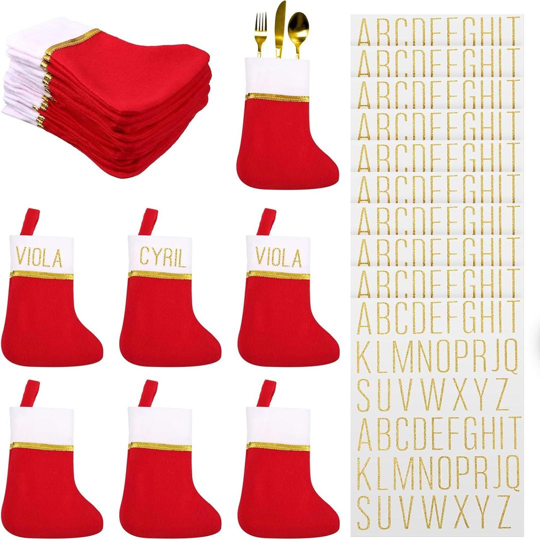 24 Pcs Mini Christmas Stockings Red with 10 Sheets Self Adhesive Vinyl Letters Stickers Kit Mailbox Stick Letters Small Holiday Christmas Stockings Bulk for Xmas (Red and White)