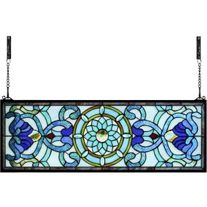Yogoart Extra Large Horizontal Blue Victorian Stained Glass Window Panels Hanging Transom Window Panels (30" X 10")