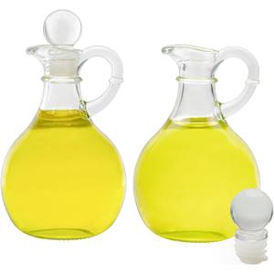 Cornucopia Brands Glass Oil and Vinegar Cruets (Set of 2); 8oz Round Oil Dispensers / Salad Dressing Bottles with Stoppers