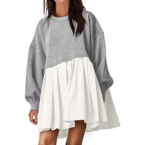 ANRABESS Women Sweatshirts Dress Oversized Long Sleeve Patchwork Casual Loose Pleated Pullover Mini Dress Fall Outfits 2025 (Gray, S)
