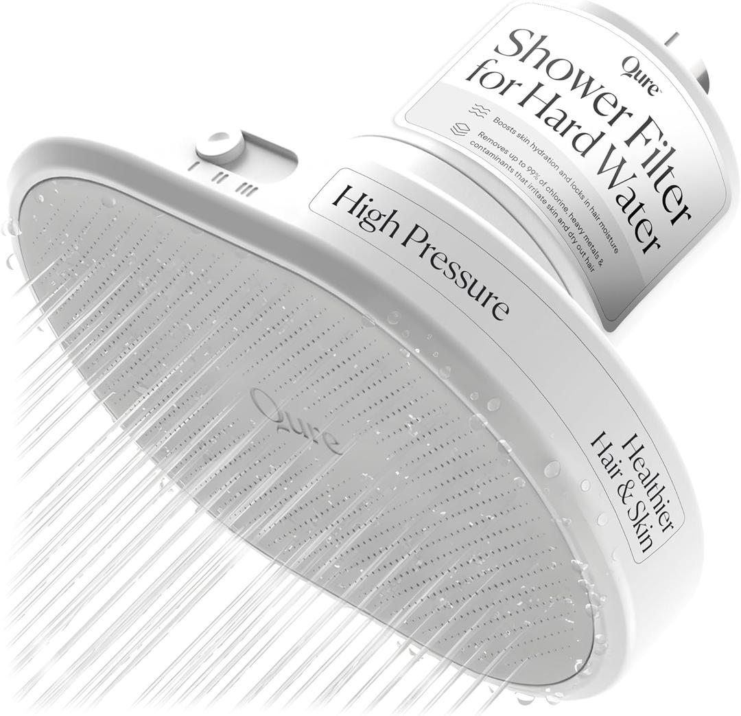 Qure Shower Filter Head for Hard Water, healthier Hair, Skin & Nails, Reduces 99% Chlorine, High Pressure Showerhead, Improve your Beauty and Skincare Routine, Dermatologist-approved - White