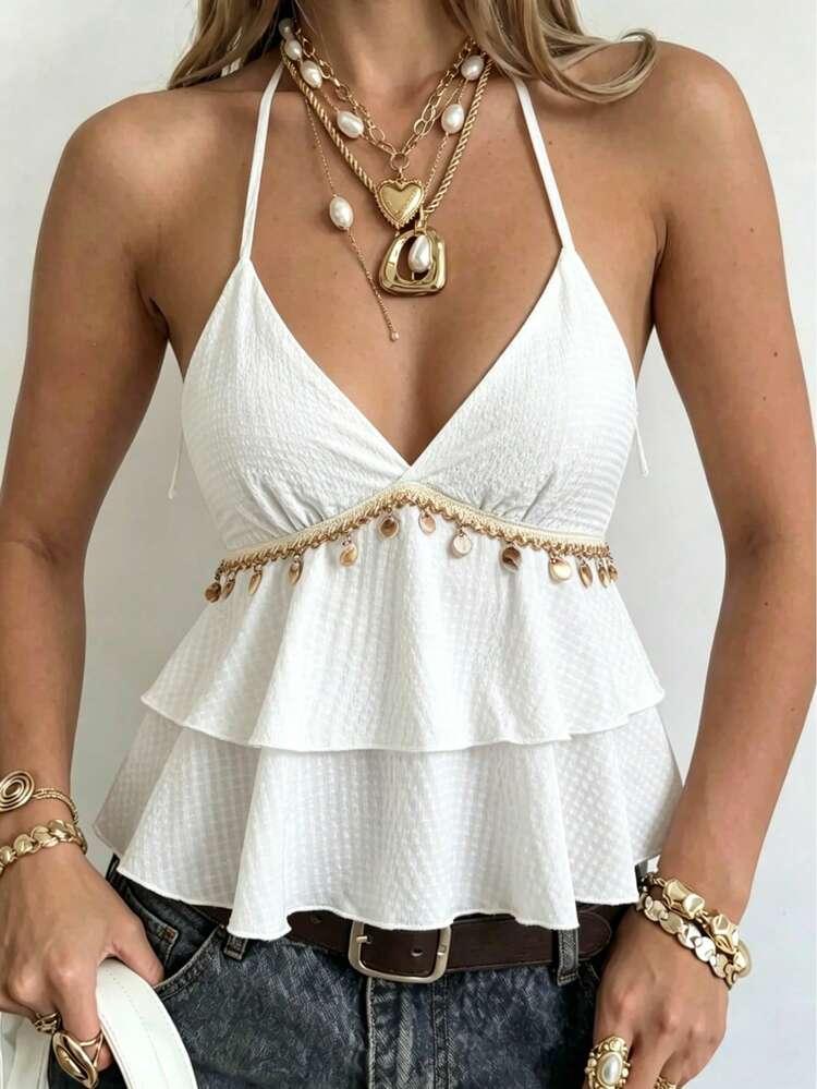 Women’s Casual Elegant Boho Shell Decor Cami Blouse, White Spaghetti Strap Sleeveless Ruffle Hem Tie Back Summer Top, Size XS 