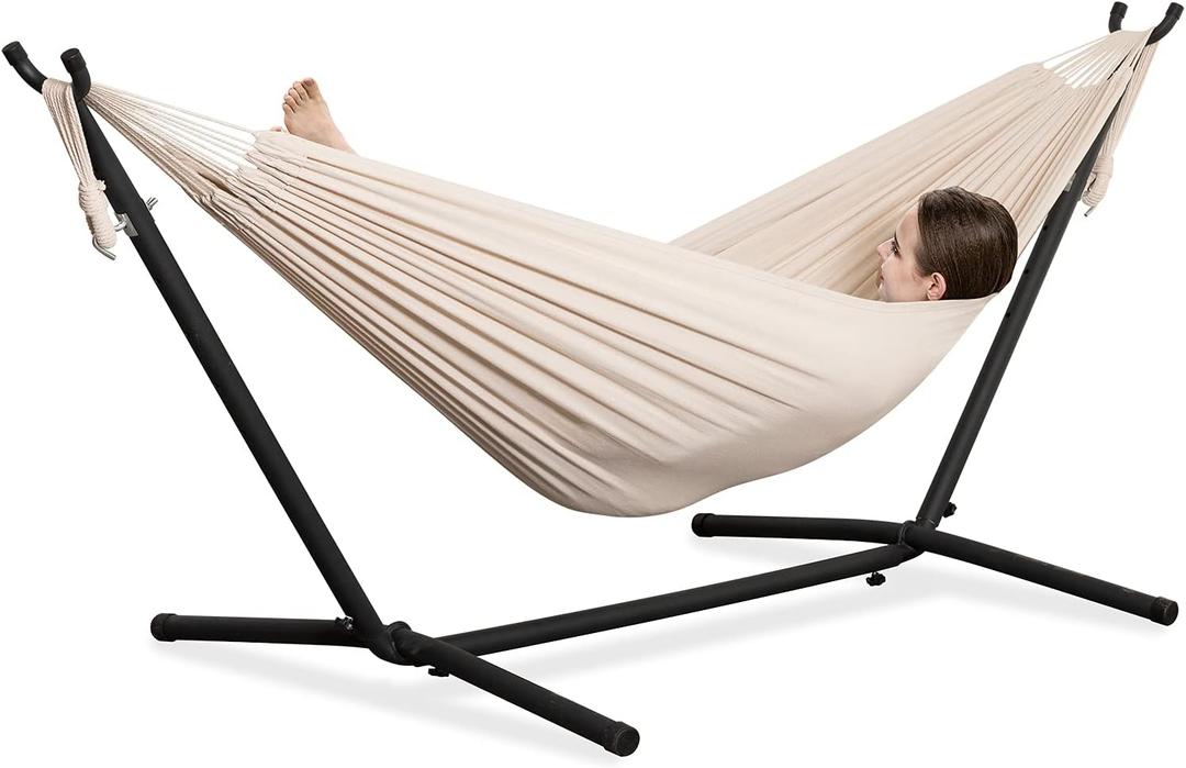 PNAEUT Double Hammocks with Stand for Outside, Portable Space Saving Heavy-Duty Steel Stand for Indoor Outdoor Patio with Carrying Bag, 450 lbs Capacity (Beige)