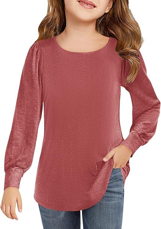 Haloumoning Girls Puff Long Sleeve Shirts Kids Casual Crewneck Soft Tunic Tops Blouse Red M