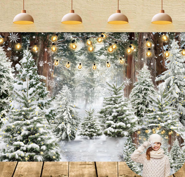 Winter Wonderland Backdrop 8x6FT Christmas Tree Snowy Snowflake Forest Scene Photography Background Winter Holiday Party Decorations Supplies Photo Props
