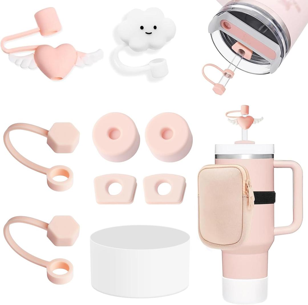 Stanley Cup Accessories Set Includs 1 Pcs Water Bottle Pouch, 6 Silicone Spill Proof Stopper, 2 Straw Cover Cap(9-10mm Straw), Boot for 40oz & 30oz Tumbler (Pink)