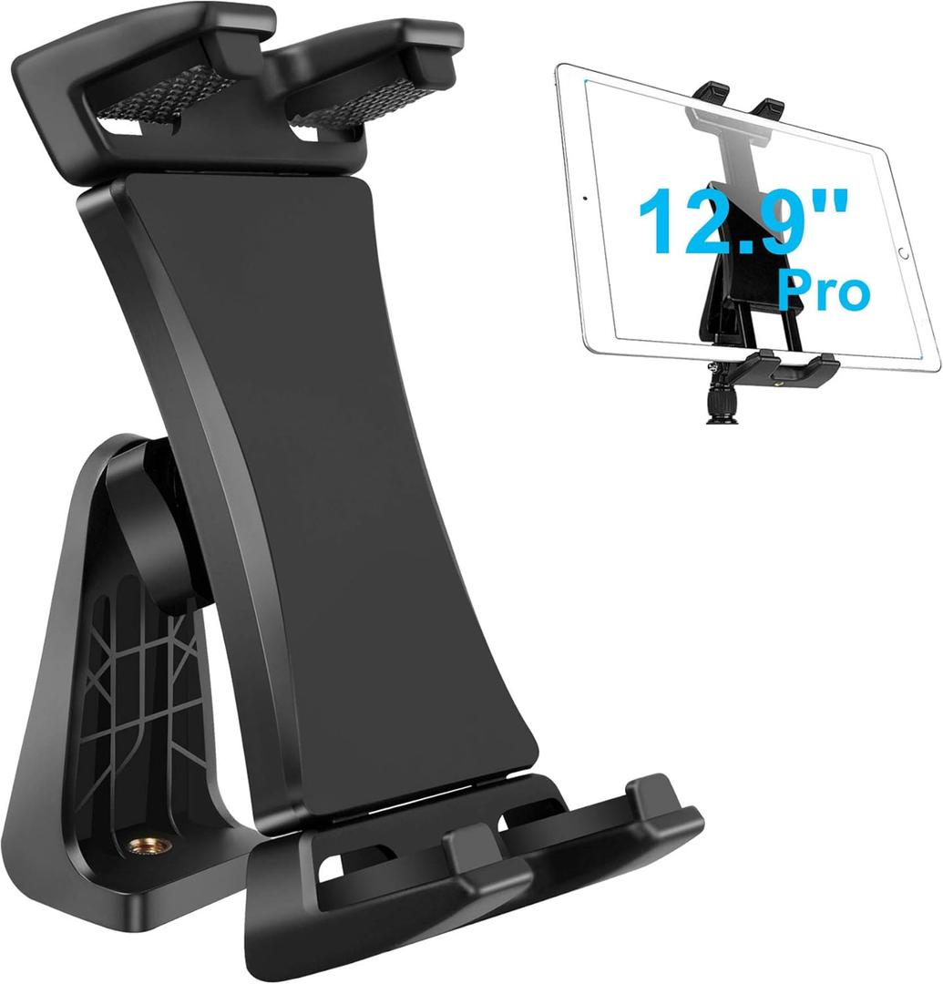 IPad Tripod Mount Adapter 360 Degree Rotatable Universal Tablet Clamp Holder for iPad Pro 12.9 11 10.5, iPad Air Mini, Surface Tab, Galaxy Tab and 3.5 to 13.5in Phone Tablet, for Tripod, Monopod (Black)
