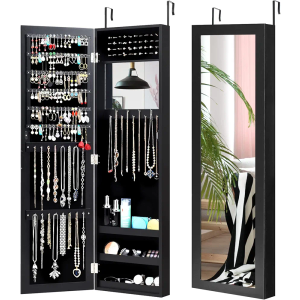 Full Length Mirror Jewelry Cabinet, Wall Door Mounted Jewelry Organizer with Makeup Mirror, Ring Slots & Necklace Hooks, Large Storage Jewelry Armoire for Bedroom, Dressing Room (Black) Full Length Mirror Jewelry Cabinet, Wall Door Mounted Jewelry Organizer with Makeup Mirror, Ring Slots & Necklace Hooks, Large Storage Jewelry Armoire for Bedroom, Dressing Room (Black)