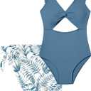 Girls One Piece Swimsuit Cut Out Ruffle Bathing Suit Twist V Neck Swimwear Solid Color with Cover Up Skirt 7-18T (13-14 Years, Dark Blue)