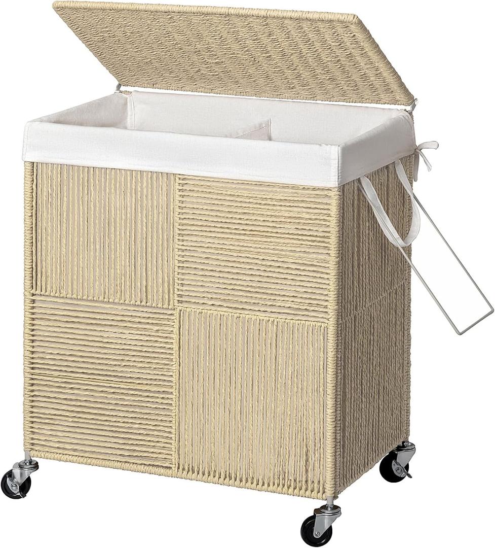 WOWLIVE Double Laundry Hamper with Lid, Handwoven Rolling Laundry Basket with Wheels, 115L Dirty Clothes Hamper with Removable Liner Bag Large Laundry Sorter Laundry Room Organization,Light Beige