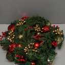 28 Pre-Lit Artificial Christmas Wreath, Theme Battery Operated 35 LED Lights with Faux Greenery, Pine Cones, Silver Leaves, White Berries and Silver Ornaments