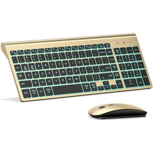 TopMate Wireless Keyboard and Mouse Ultra Slim Combo, 2.4G Silent Compact USB 2400DPI Mouse and Scissor Switch Backlit Keyboard Set, for PC/Laptop/Windows/Mac/Gaming - Gold Black