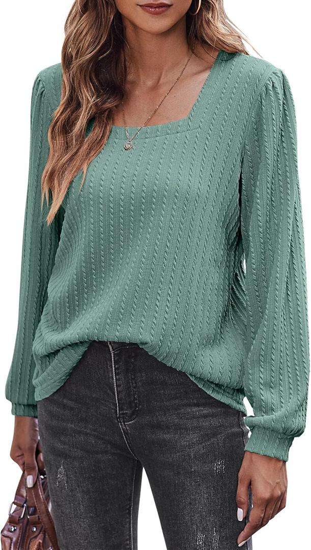 Zeagoo Long Sleeve Square Neck Shirts Lightweight Rib Knit Pullover Sweater Causal Loose Fit Tunic Blouse Top (Green)