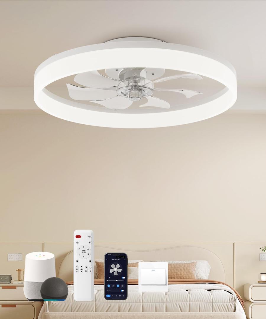 Smart Ceiling Fans with Light and Remote,20" Low Profile Ceiling Fan with 6-Speed & Dimmable LED, Alexa/APP Home Voice Control, App, Reversible Airflow, App Timer, for BedroomWhite