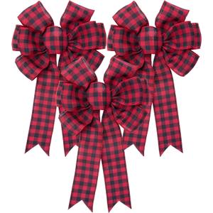 Iceyyyy Large Fall Thanksgiving Christmas Plaid Wreath Bow - 16x10 Inch Black and Red Buffalo Plaid Check Swag Bow Christmas Tree Topper Bow for Home Indoor Outdoor Ornaments (Black & Red-3 Pcs)