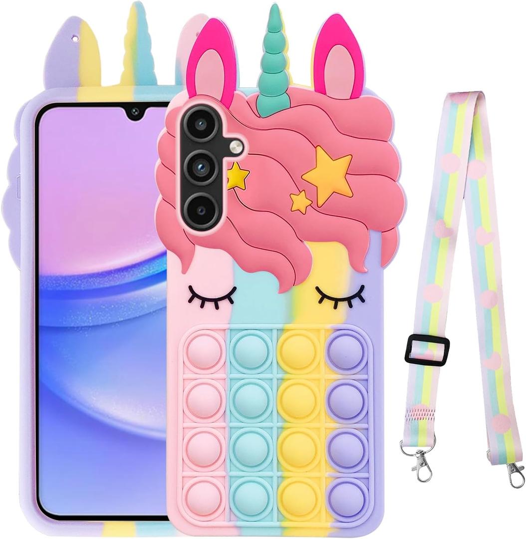 nancheng for Samsung Galaxy A15 5G Case Girls Women Case Cute Cartoon Silicone Bubble Push Pop Funny Toys with Strap Lanyard Shockproof Protective Phone Case - Rainbow
