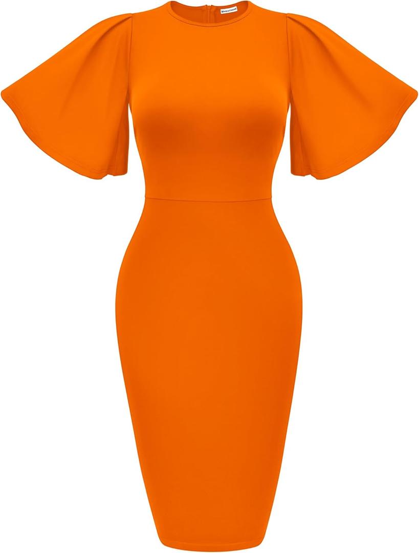 Memoriesea Women's Basic Bodycon Ruffle Flared Short Sleeve Pencil Midi Dress (Medium, Orange)