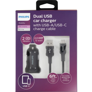 Philips Charging Pack 1 DC Charger 2 USB 2.4A & 1USB-A-C Cable Braided, 6 ft