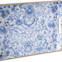 ORIGTRAY Serving Tray with Handles, Rectangular Plastic Tray 15.75x11.81 Inch, Blue and White Peony Chinese Porcelain Style Decorative Tray for Kitchen, Dining Table, Vanity, Office & Home