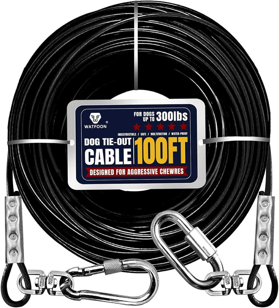 Tie Out Cable for Dogs Up to 300lbs,100ft Extra Strong 1000lbs Break Strength Tie-Out Tether Trolley Training Lead,Dog Run Cable for Yard Garden Park Camping Outside (Black, 300lbs 100ft)
