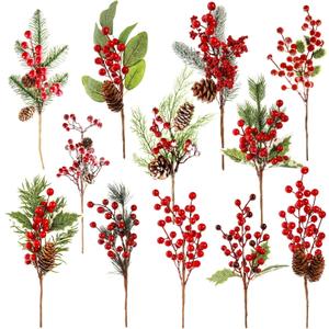 GoClimber 12 Pack Christmas Tree Picks, 12 Inch Artificial Christmas Flowers Assorted Red Berry Picks and Sprays for Christmas Tree Filler Floral Arrangement DIY Wreath Winter Holiday Season Dcor