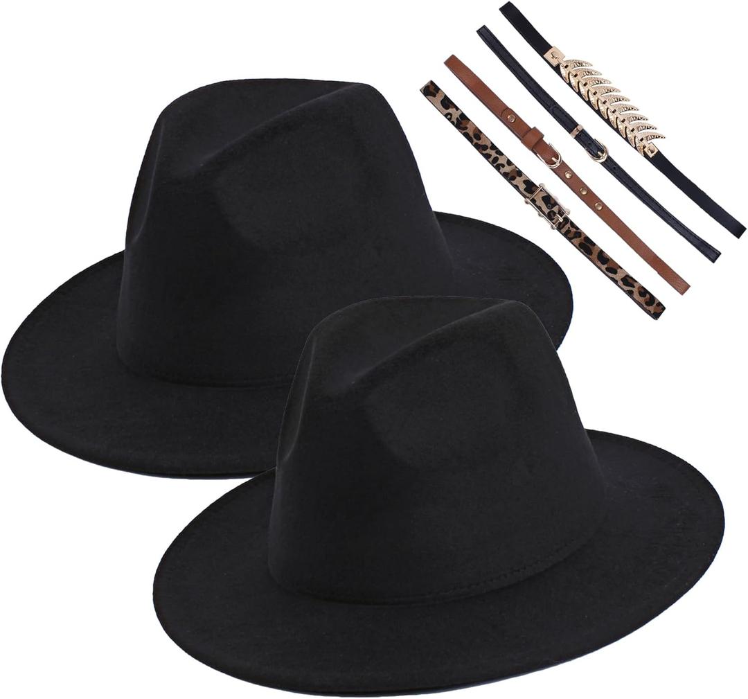 2 Pack Mens Womens Fedora Hat Classic Wide Brim Floppy Panama Hat with Ring Belt Buckle Fashion Fedora Hat (One Size, Black+black)