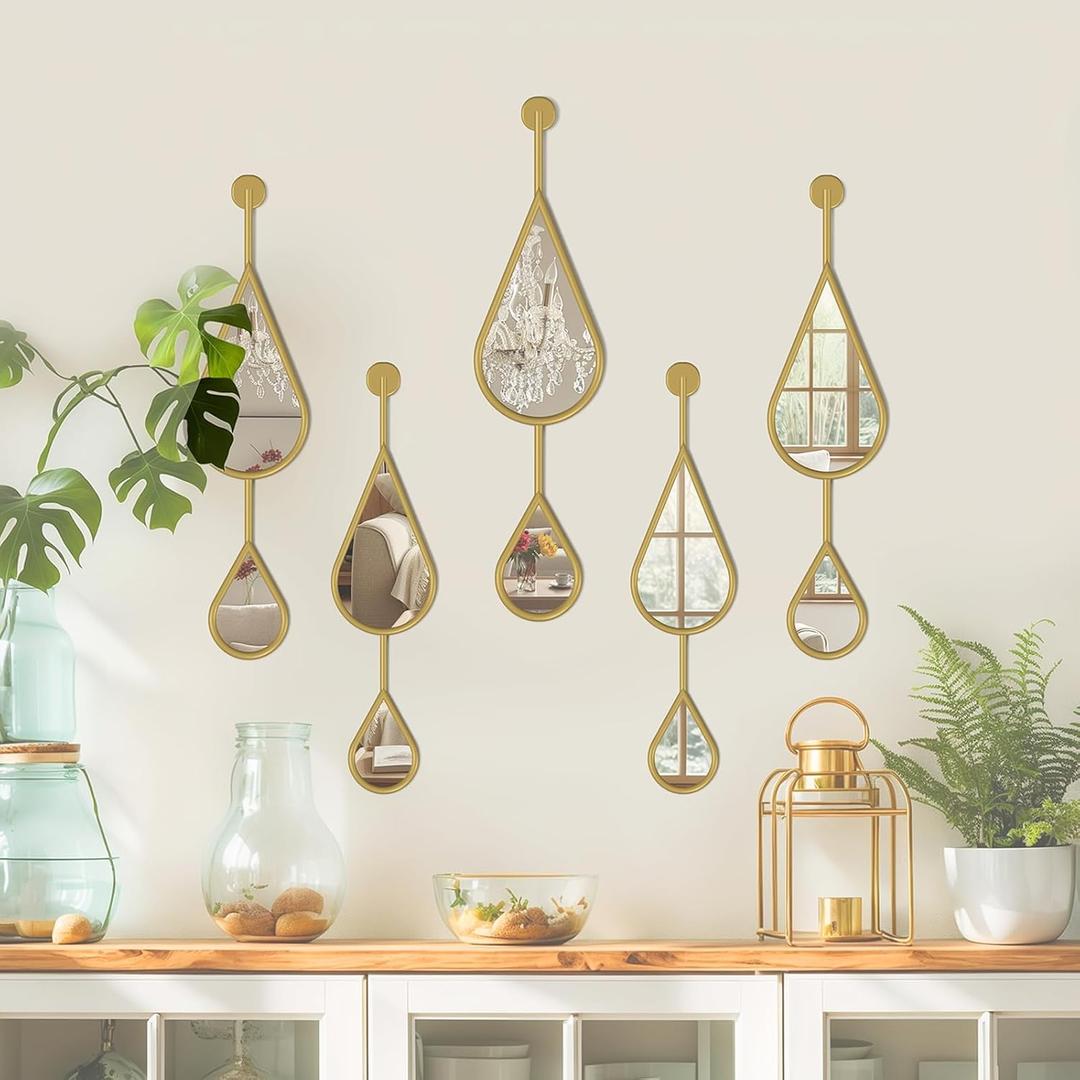 Gold Mirror Wall Decor Modern Tear Drop Shape Decorative Mirror for Bedroom Living Room entryway Hall Fireplace Irregular Wall Mirror 5-Pack Mirrors Set (1L + 2M + 2S)