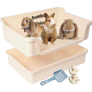 Bumbox Deluxe Rabbit Extra Large Litter Box, Training Rabbit Cage with Toilet Tray for Hamster, Bunny, Ferret, Small and Large Animal, 21.45in (Cream) (X-Large)