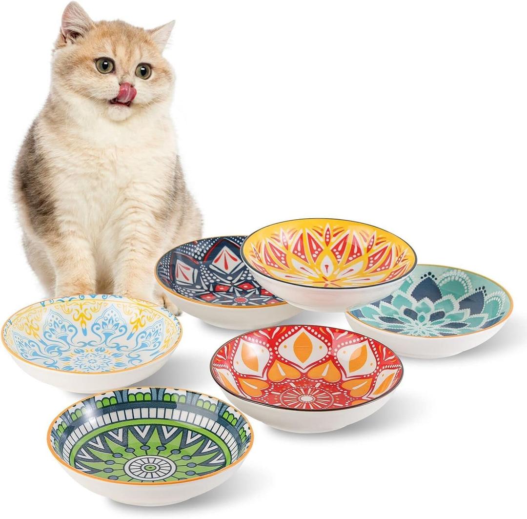 Ceramic Cat Bowls Set of 6 - Colorful Cute Shallow Cat Dishes - Great for Multi-Pet Homes - 5.6 Inch, Whisker Friendly and Wide - Microwave & Dishwasher Safe - 5.3 oz (185 ml)