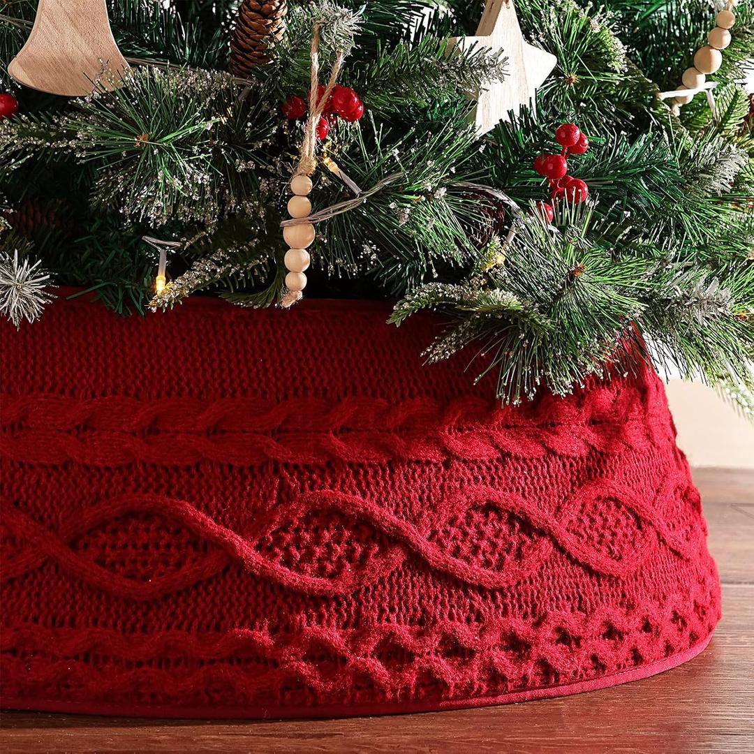 Knitted Christmas Tree Collar: Burgundy Cable Knit Styles Christmas Tree Collars for Artificial Trees, Crossed Diamond Tree Ring Tree skirt for Holiday Home Indoor Decorations Dcor Party Gifts
