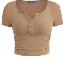 Womens Summer 2025 Ribbed Knit Button Short Sleeve Top (Khaki,Large)