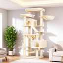 Heybly Cat Tree, 71-Inch-Tall Tower for Indoor Cats with 2 Perches, 2 Big Condos, 2 Hammocks, Basket, Scratching Pad, Large Cat Furniture and Condo, Beige HCT034M
